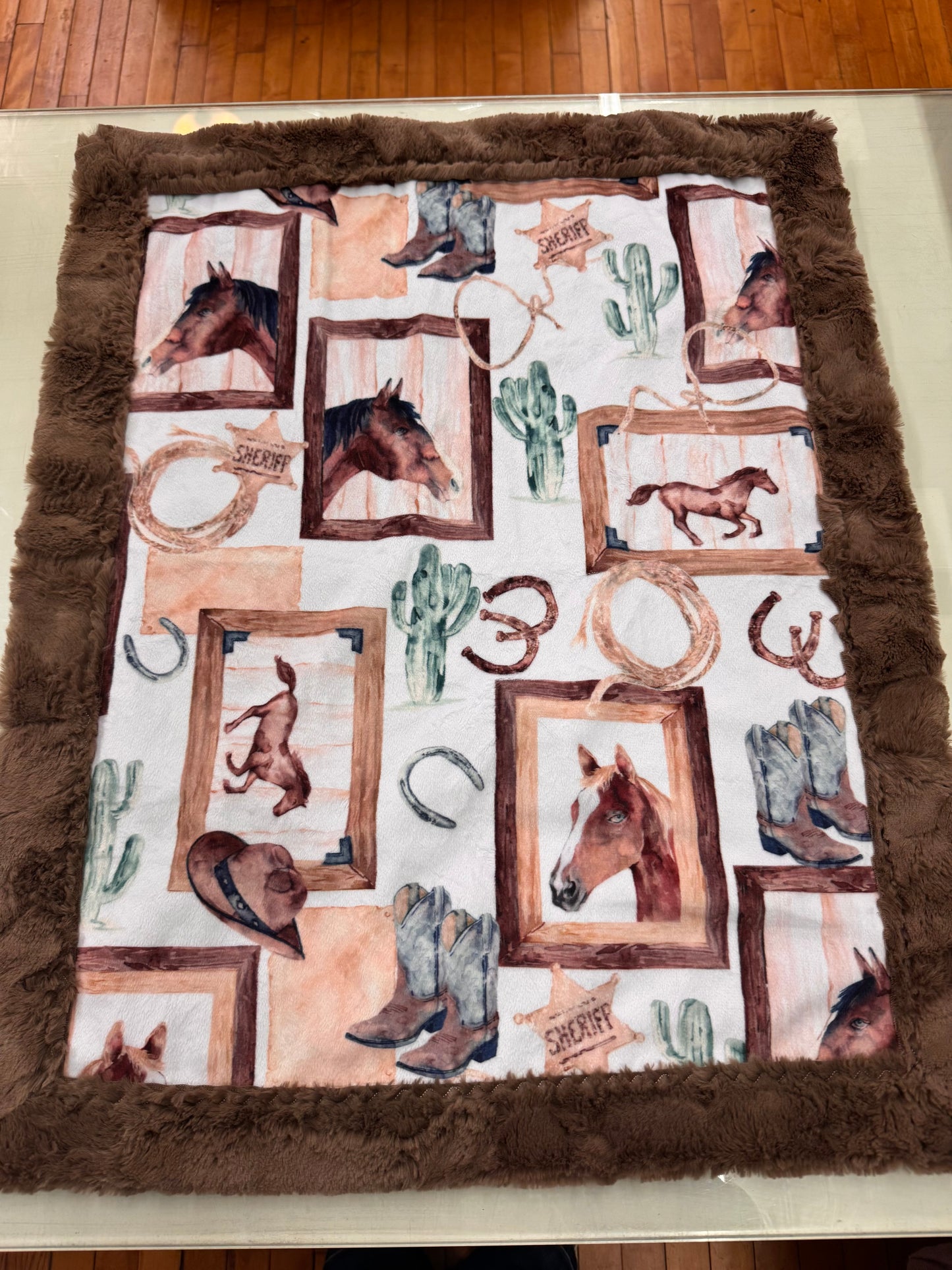 Western Horse Baby Blanket - 22 x 27 Inch Handmade Minky Blanket with Brown Faux Fur Backing