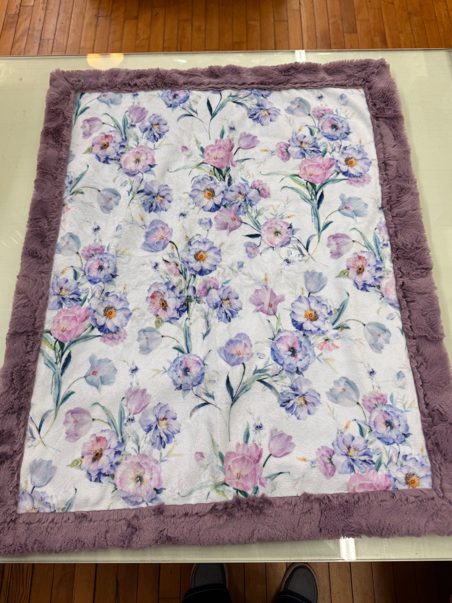 Lavender Floral Baby Blanket with Mauve Luxe Faux Fur Border 22 x 27 ins