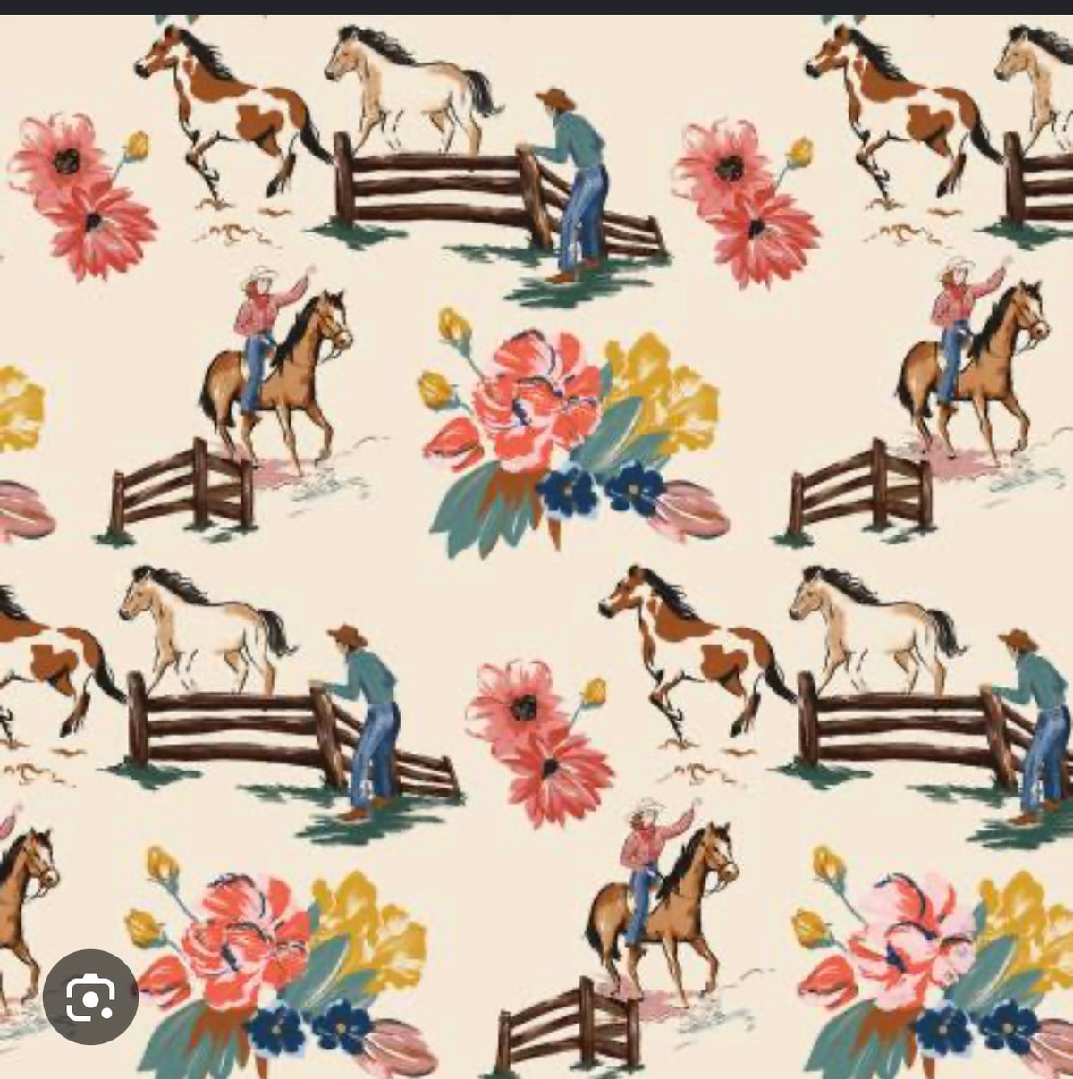 Riley Blake Western Horses & Floral Fabric – Cream | Sold by the Half Yard