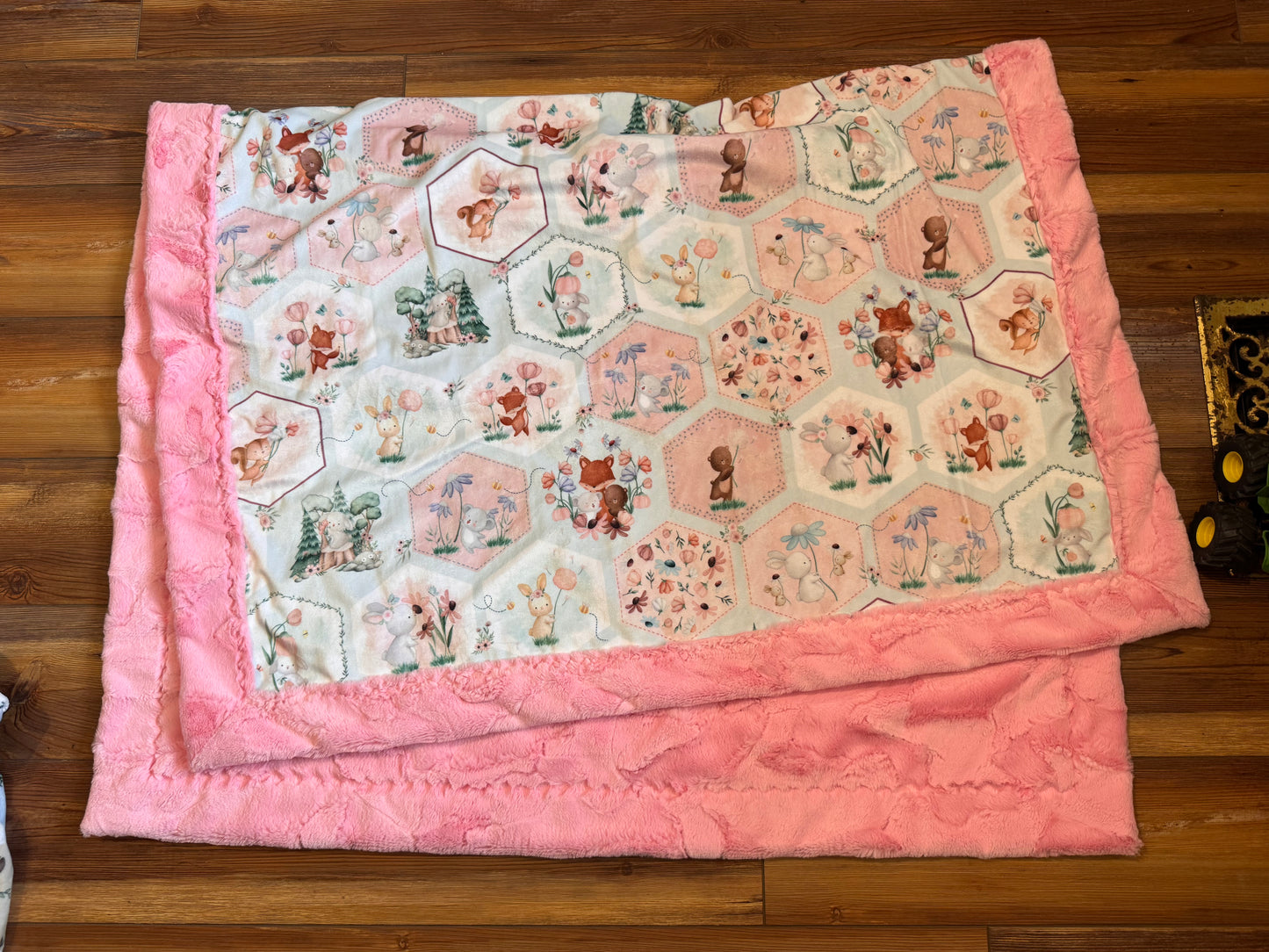Sweet Woodland Friends Bright Pink Faux Fur & Minky Blanket