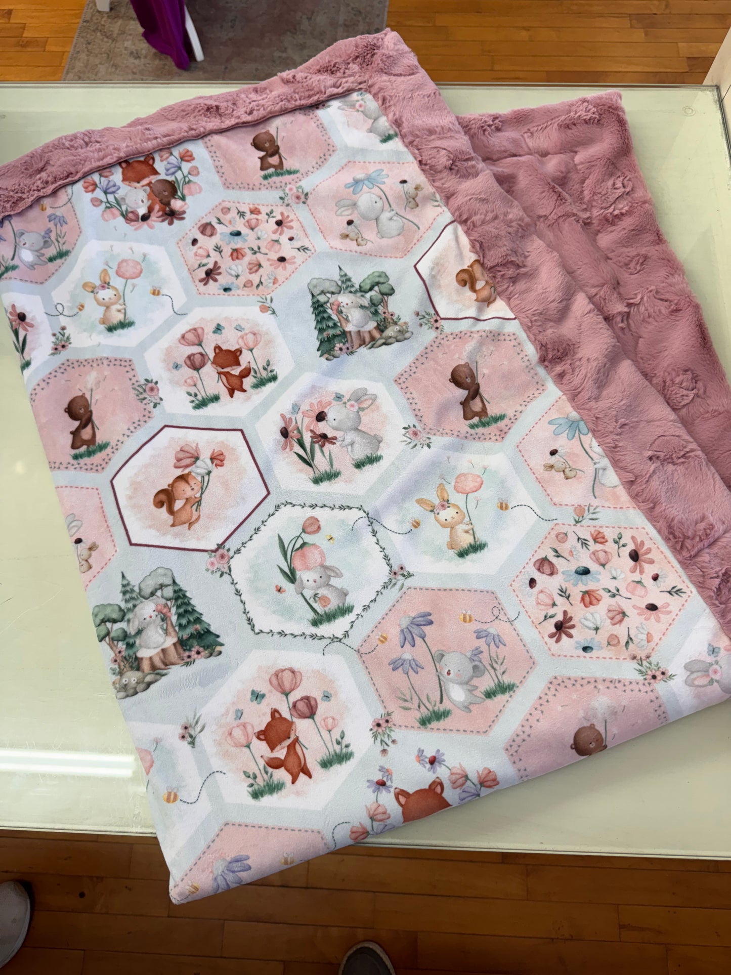 Medium pink Woodland Patchwork Luxe Minky Blanket – 40” x 56”