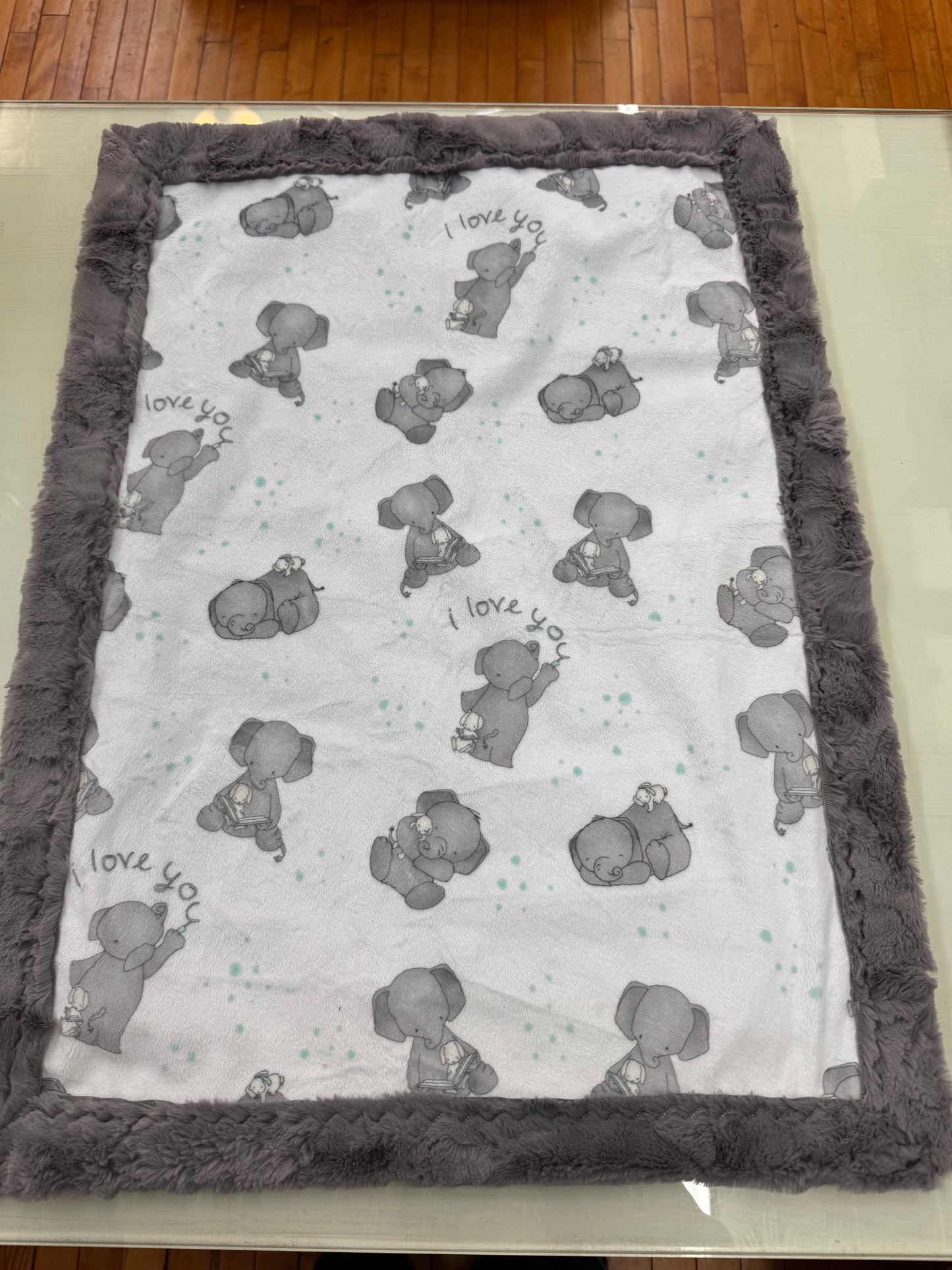 Elephant Baby Blanket - 19 x 27 Inch Handmade Minky Blanket with Gray Faux Fur Backing