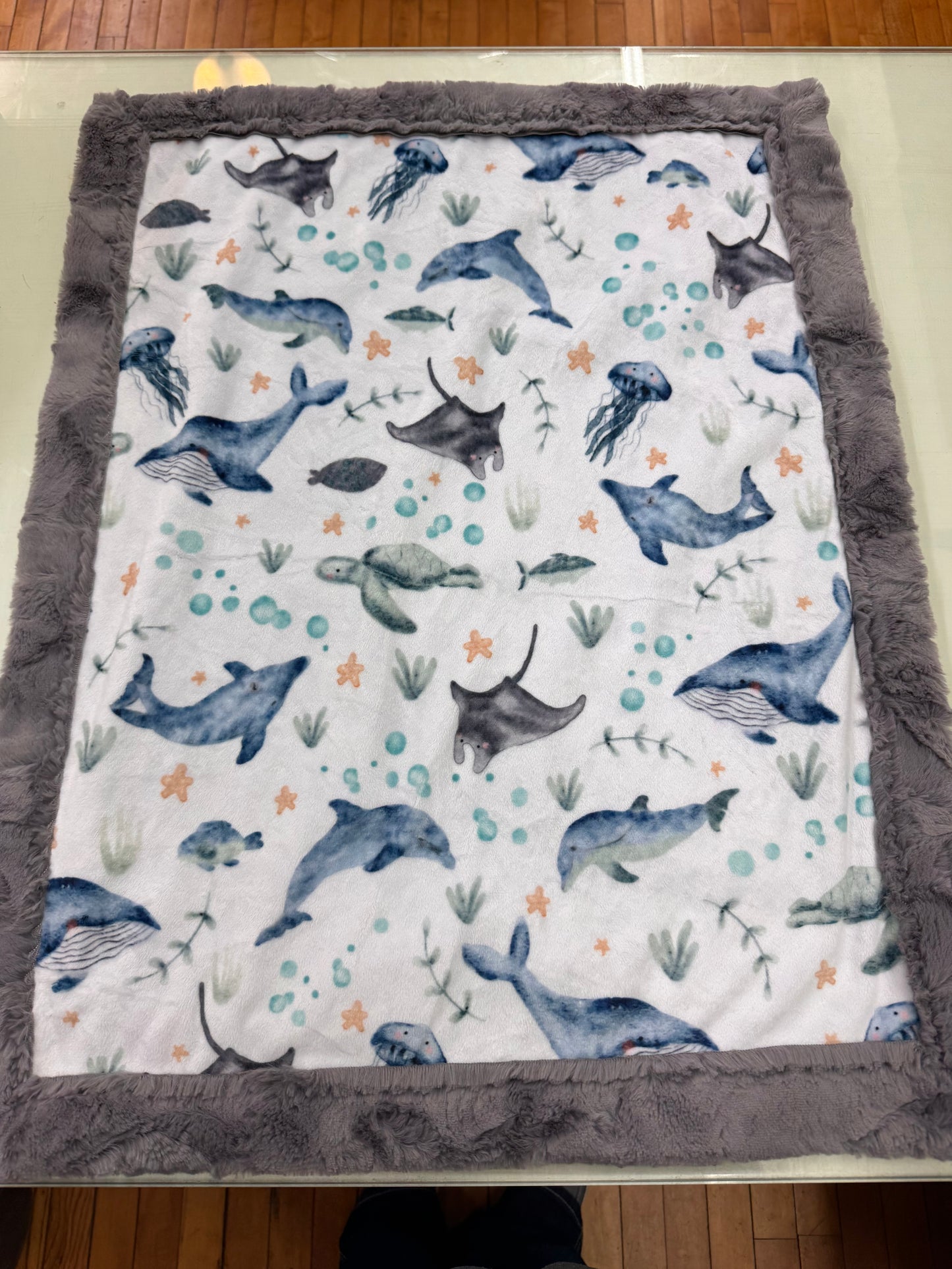 Ocean Animal Baby Blanket - 22 x 28 Inch Handmade Minky Blanket with Gray Faux Fur Backing