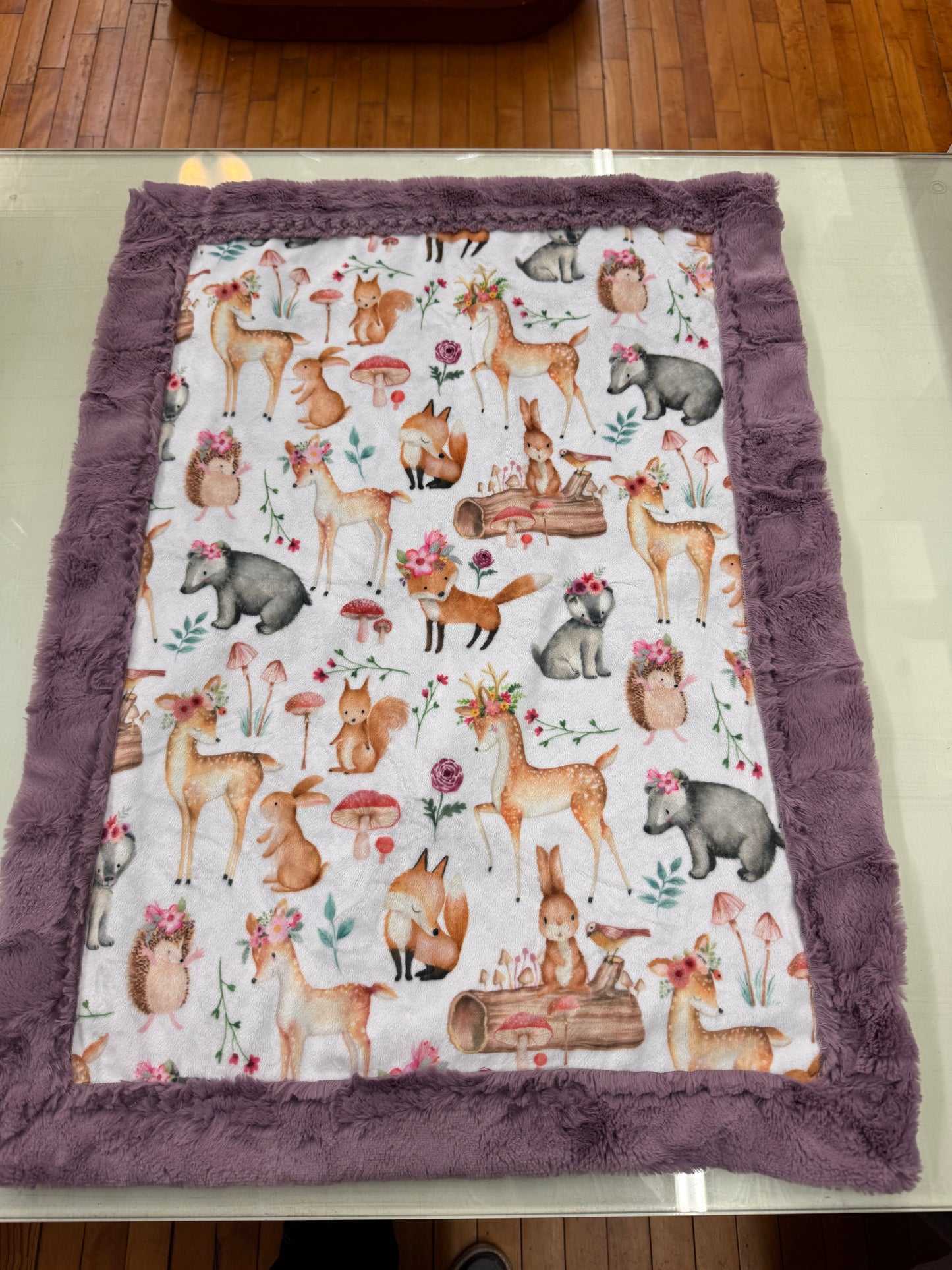 Woodland Baby Blanket - 21 x 27 Inch Handmade Minky Blanket with Mauve Faux Fur Backing