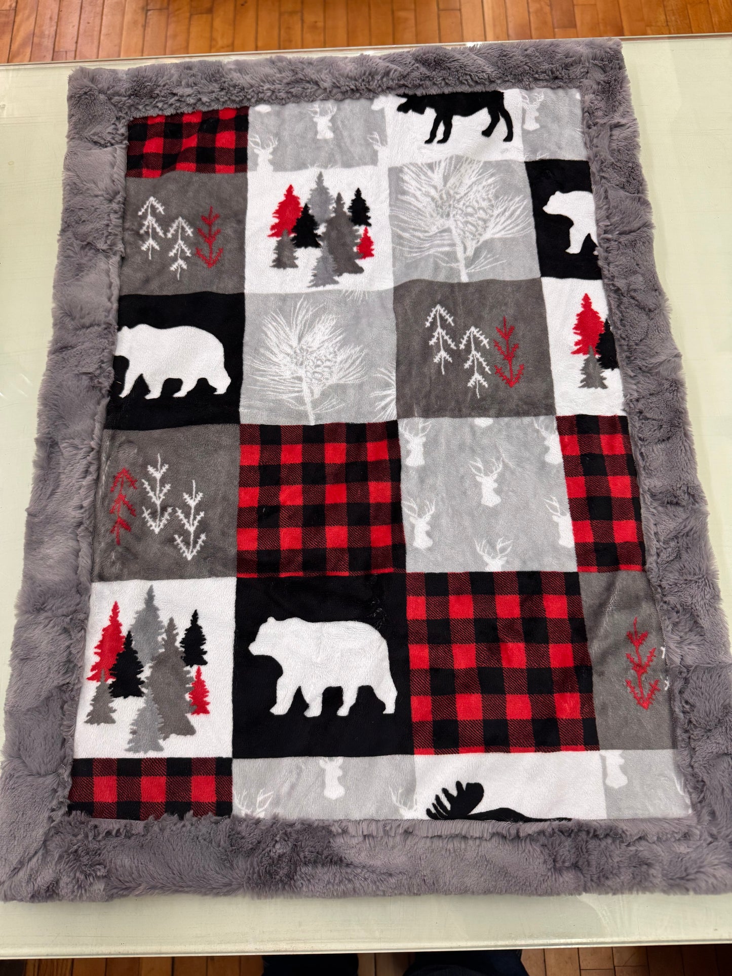 Lumberjack Woodland Baby Blanket - 20 x 27 Inch Handmade Minky Blanket with Gray Faux Fur Backing