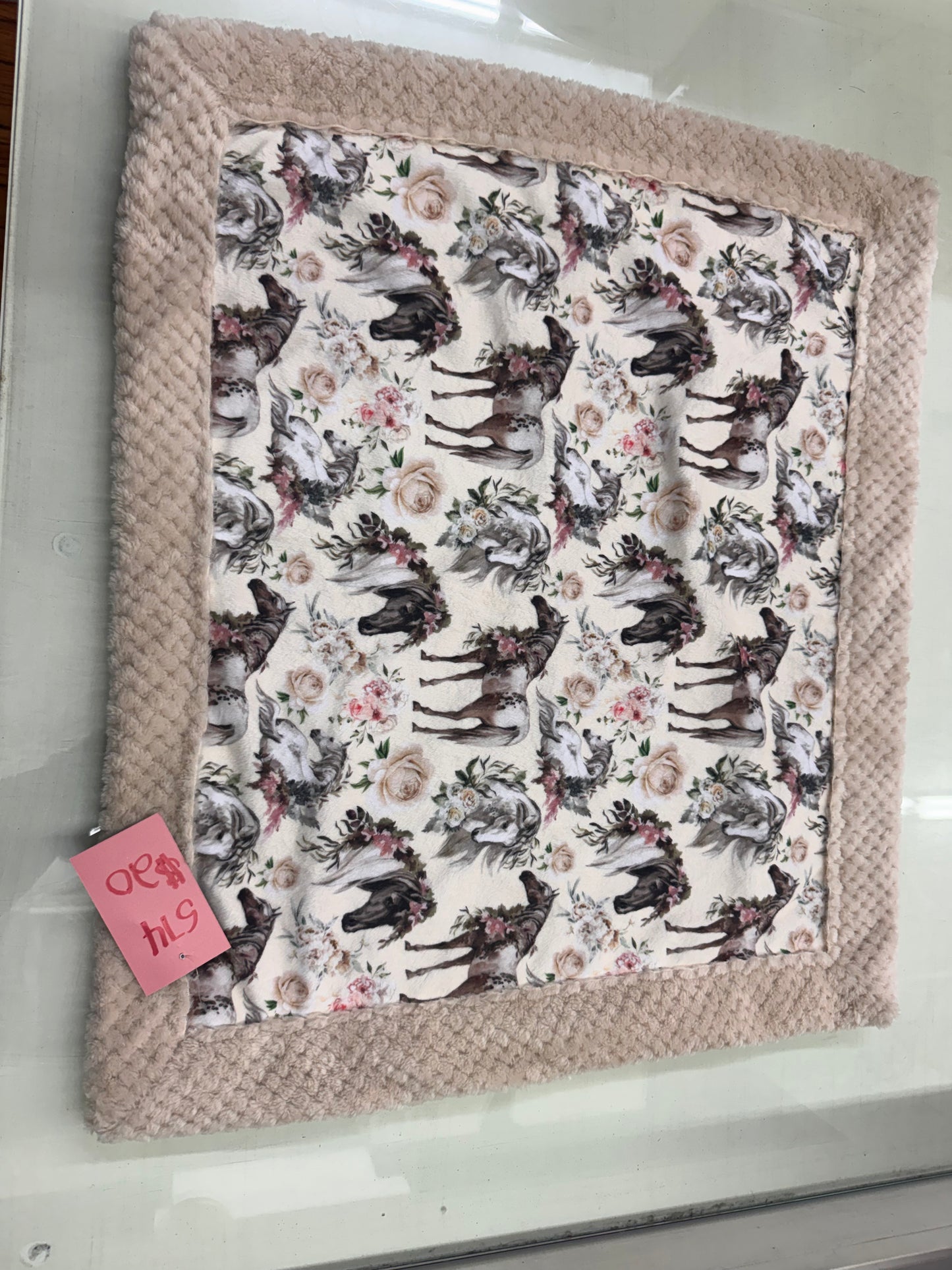 Handmade Floral Horse Baby Blanket – Beige Double Embossed Minky