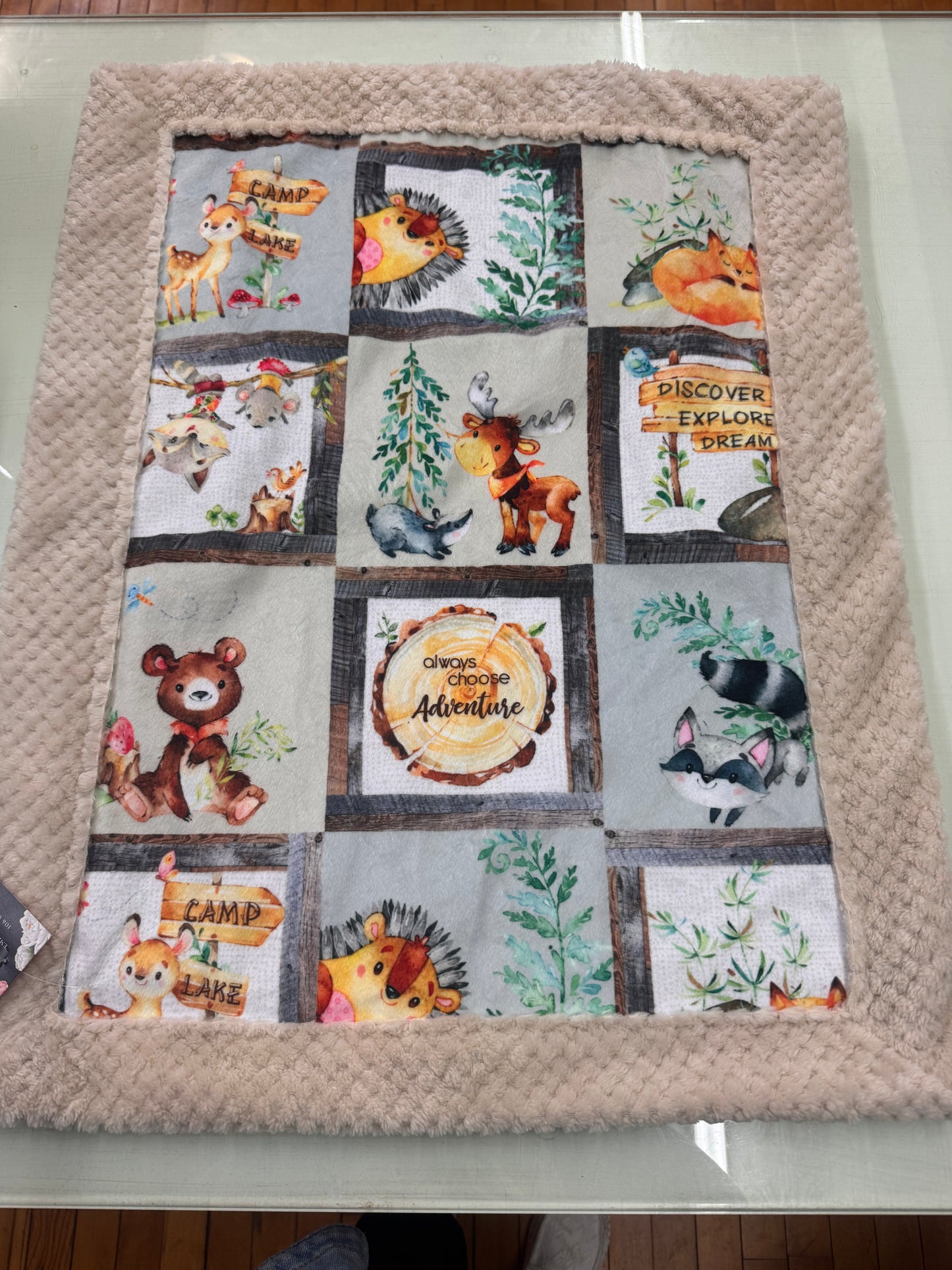 Handmade Woodland Adventure Baby Blanket – Beige Double Embossed Minky – 17 x 27 Inches