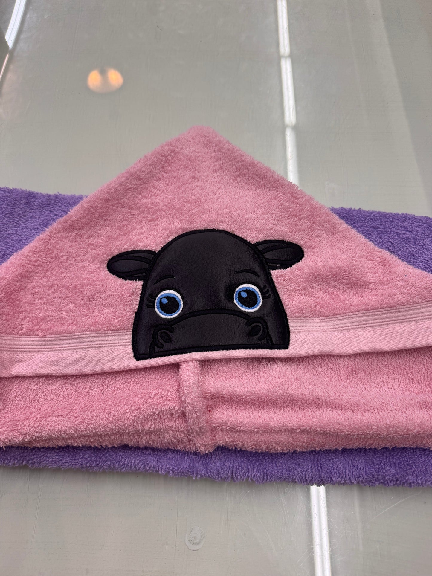 Full Size Hooded Bath Towel – Black Cow – Pink and Purple