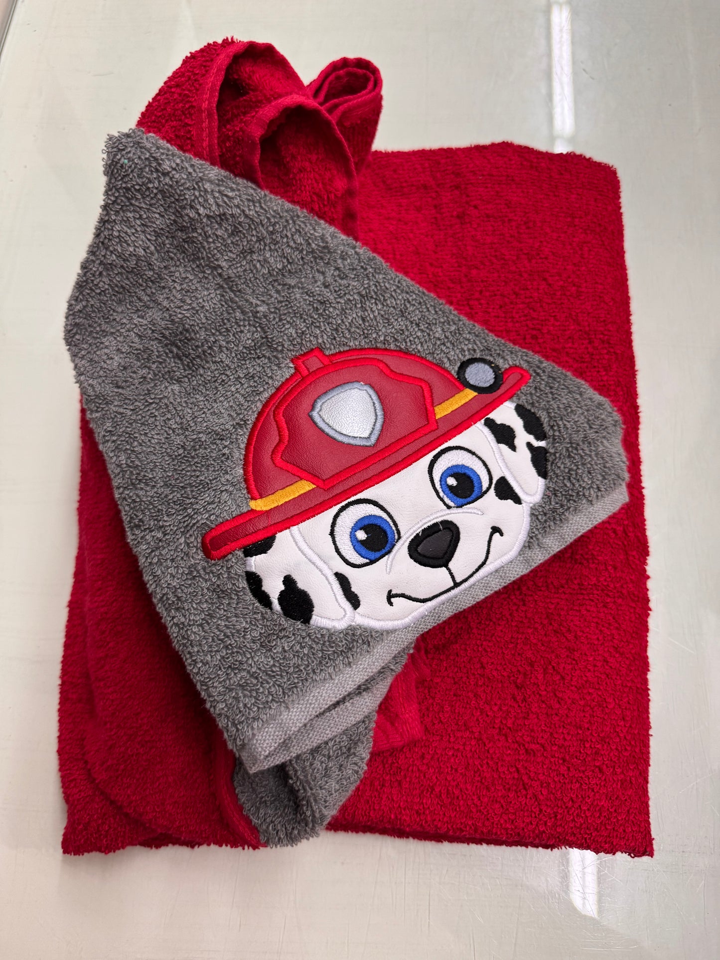 Full Size Hooded Bath Towel – Fire Pup – Red and Gray