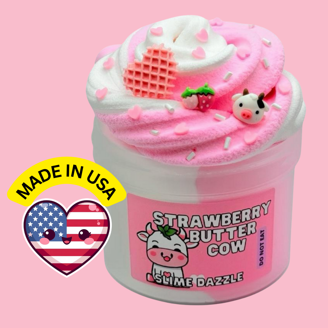 Strawberry Butter Cow Slime β White & Pink Butter Snow Slime with Strawberry Patch & Vanilla Scent, Strawberry & Cow Charms β Beginner Friendly Soft Texture: 8 FL OZ