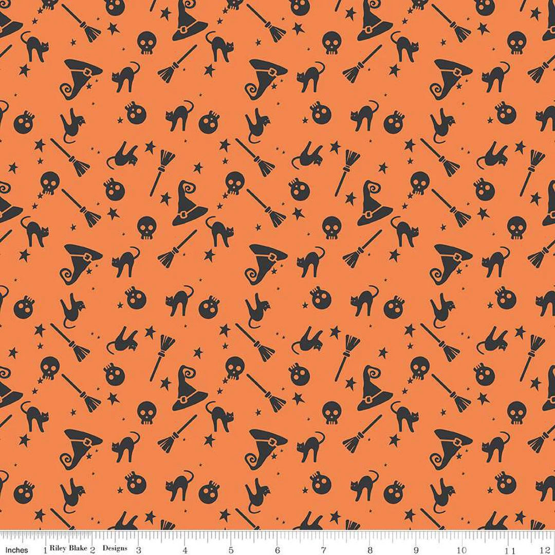 Hey Bootiful Witch Icons C13131 Orange - Riley Blake Designs - Halloween Witches Skulls Brooms Cats Hats - Quilting Cotton Fabric