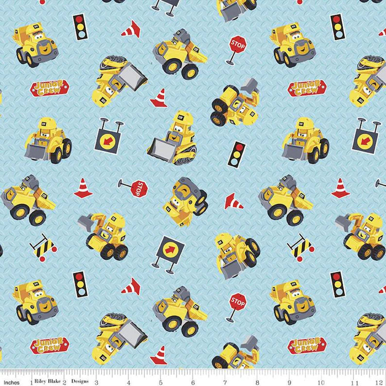 CAT Junior Crew Toys C11472 Aqua - Riley Blake - Juvenile Construction Equipment Vehicles Tractors Blue - Quilting Cotton Fabric