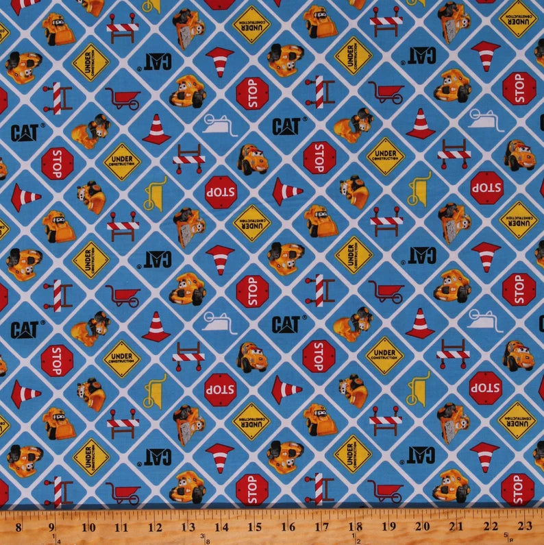 Cotton Cat Construction Equipment Kids Toys Children Stop Signs Cones Blue Cotton Fabric Print by the Yard (C8102-BLUE) D694.70 Riley Blak