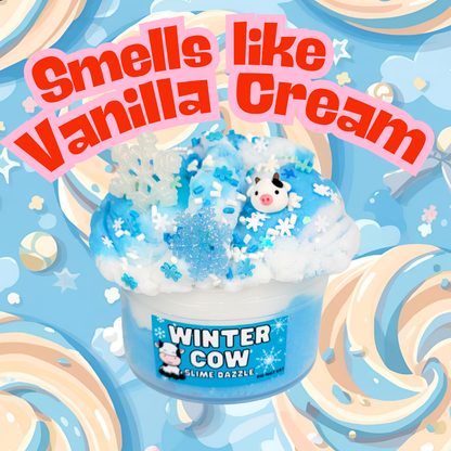 Winter Cow Cloud Slime – White & Blue Drizzly Slime with Vanilla Marshmallow Scent, Cow & Snowflake Charms, Sprinkles – Beginner Friendly Fluffy Slime: 8 fl oz