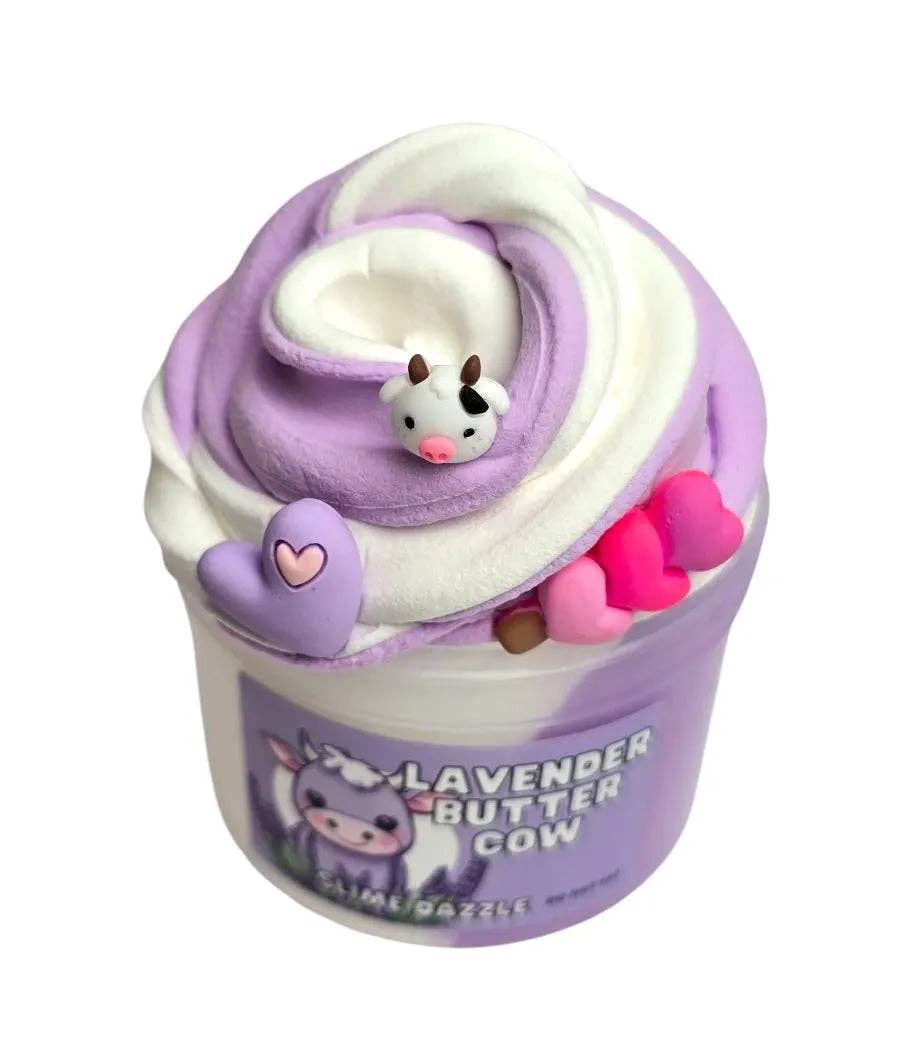 Lavender Butter Slime – Purple & White Butter Slime with Lavender Vanilla Scent, Cow & Heart Charms – Beginner Friendly Creamy Texture: 8 FL OZ