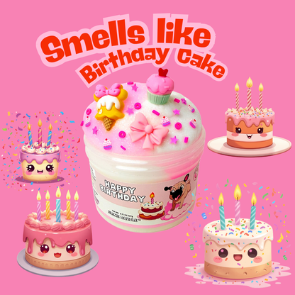 Happy Birthday Cloud Slime – Birthday Cake Scented Fluffy Slime – Pink & White Drizzle Slime – Soft Stretchy Scented Slime Gift: 8 Fl Oz