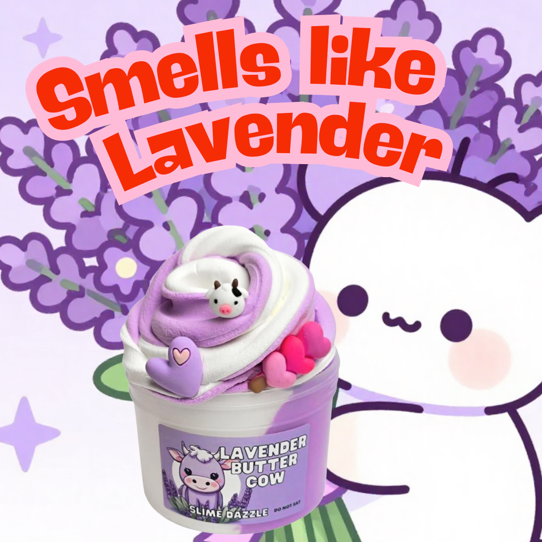 Lavender Butter Slime – Purple & White Butter Slime with Lavender Vanilla Scent, Cow & Heart Charms – Beginner Friendly Creamy Texture: 8 FL OZ
