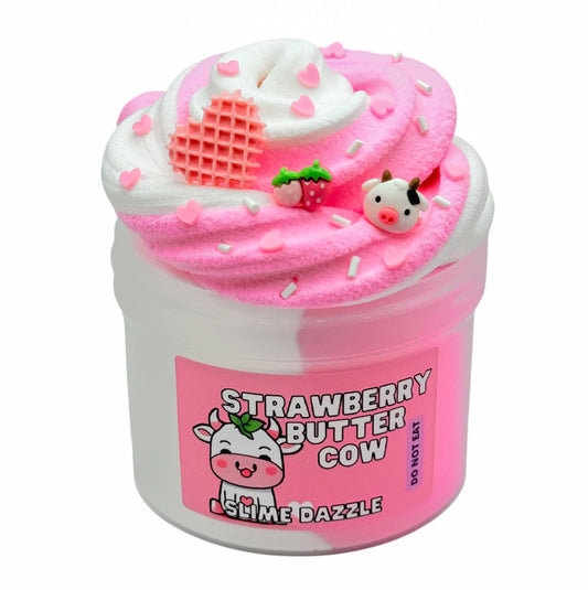 Strawberry Butter Cow Slime – White & Pink Butter Snow Slime with Strawberry Patch & Vanilla Scent, Strawberry & Cow Charms – Beginner Friendly Soft Texture: 8 FL OZ