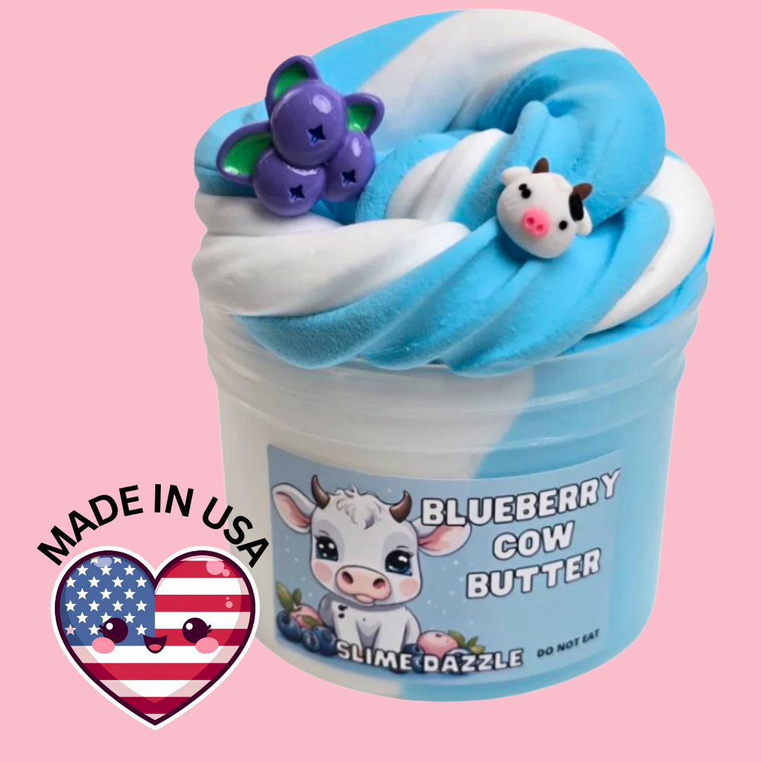 Blueberry Butter Cow Slime – Blueberry Vanilla Scented Butter Slime with Blueberry & Cow Charms – Beginner Friendly: 8 FL OZ
