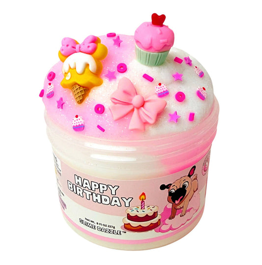 Happy Birthday Cloud Slime – Birthday Cake Scented Fluffy Slime – Pink & White Drizzle Slime – Soft Stretchy Scented Slime Gift: 8 Fl Oz