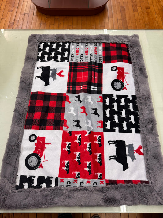 Farm Patchwork Baby Blanket - 21 x 27 Inch Handmade Minky Blanket with Gray Faux Fur Backing