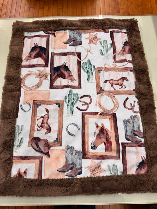 Western Horse Baby Blanket - 22 x 27 Inch Handmade Minky Blanket with Brown Faux Fur Backing