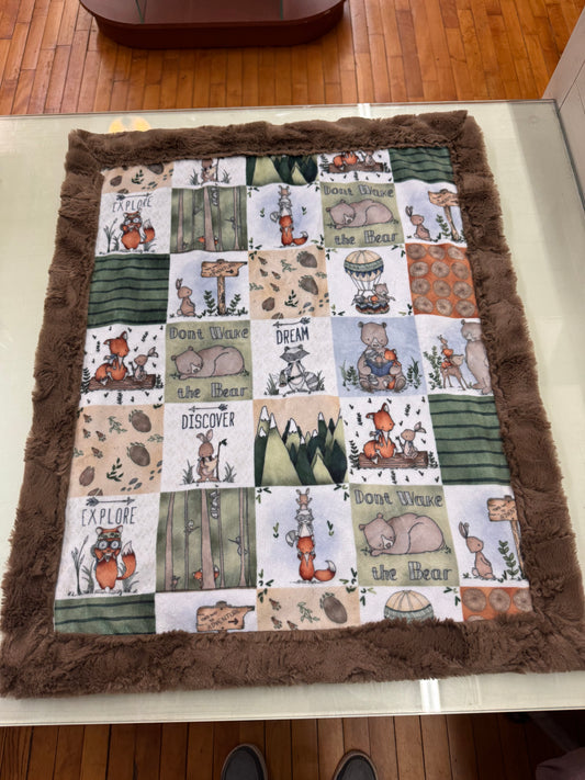 Woodland Animals Baby Blanket with Brown Luxe Faux Fur Border – 22 x 26 Inches