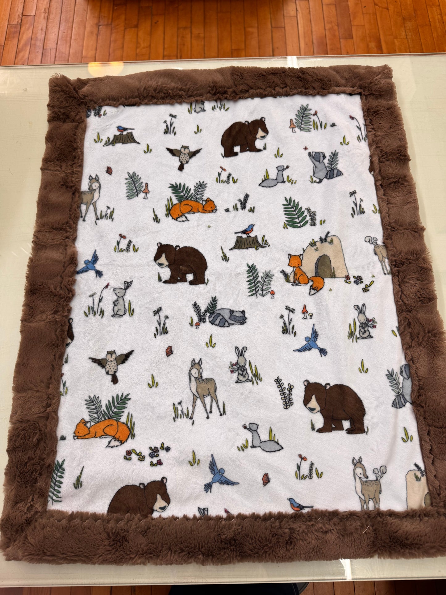 Woodland Animal Baby Blanket - 22 x 27 Inch Handmade Minky Blanket with Brown Faux Fur Backing