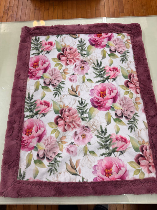 Pink Floral Baby Blanket with Mauve Luxe Faux Fur Border – 22 x 26 Inches