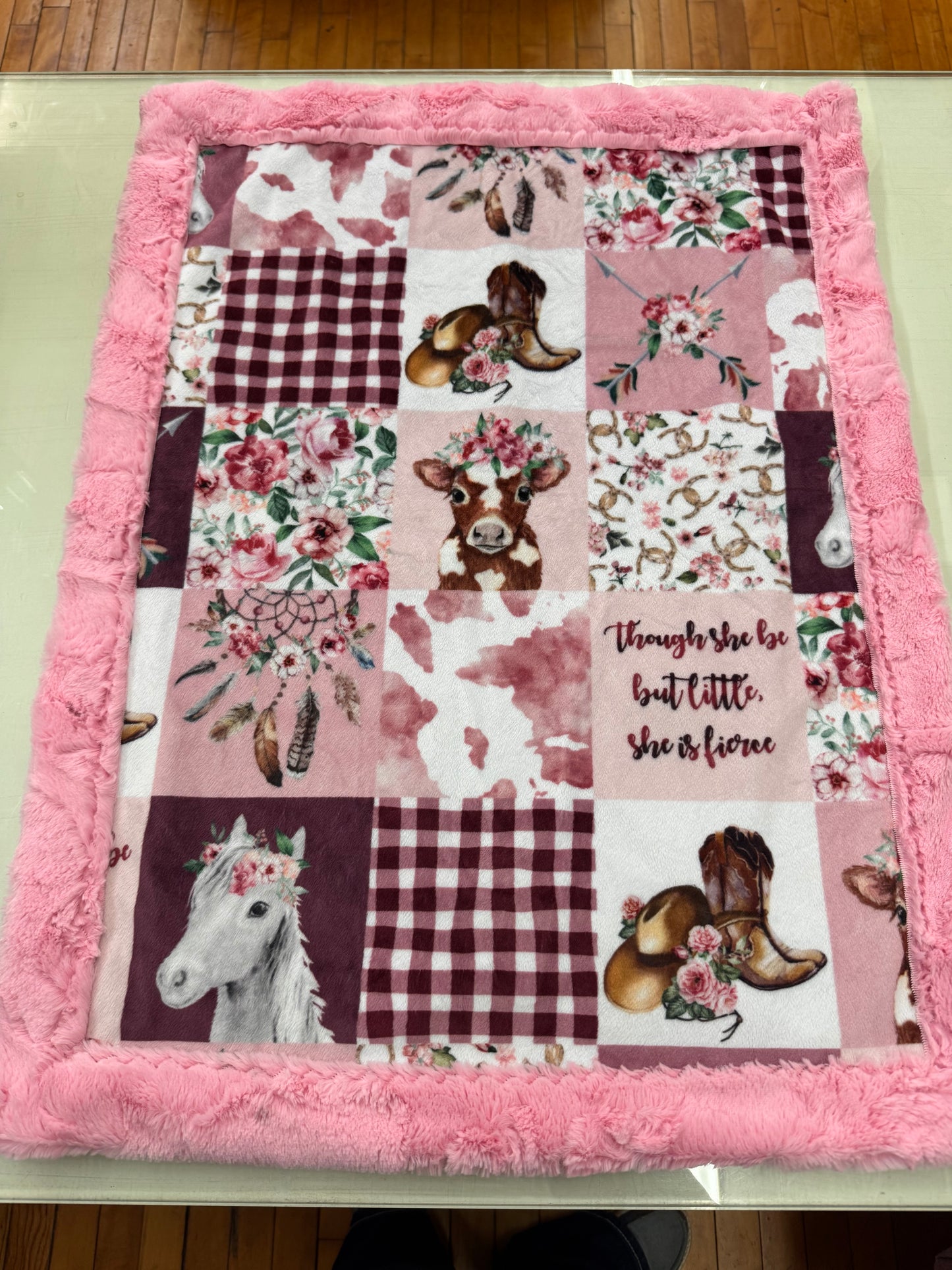 Cowgirl Baby Blanket - 21 x 27 Inch Handmade Minky Blanket with Pink Faux Fur Backing