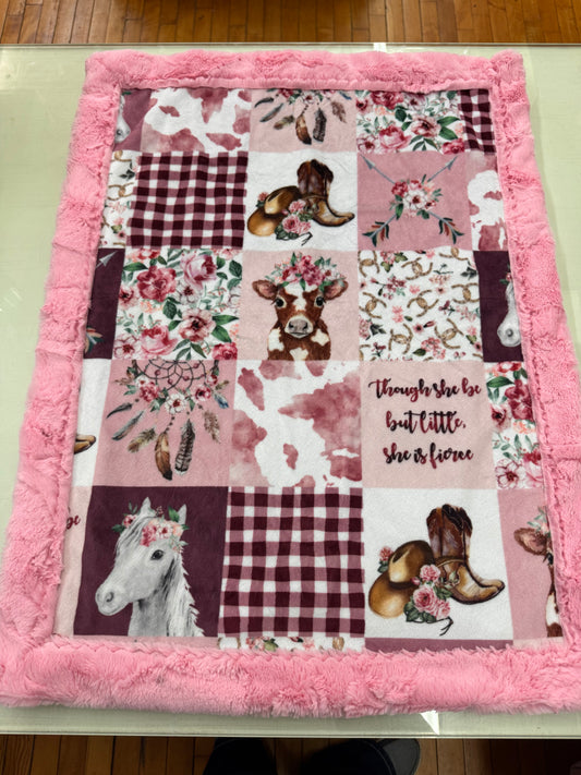 Cowgirl Baby Blanket - 21 x 27 Inch Handmade Minky Blanket with Pink Faux Fur Backing