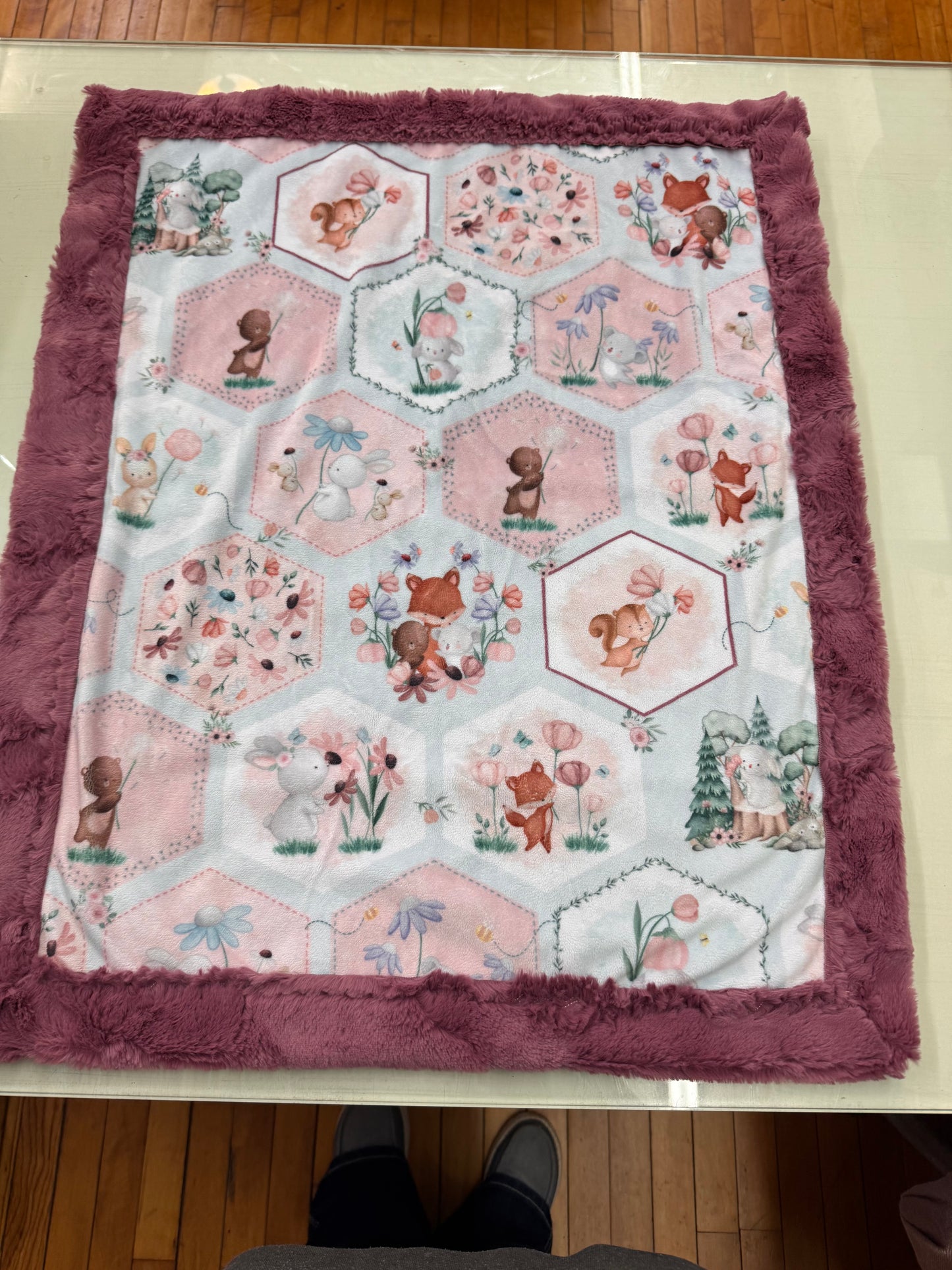 Woodland Floral Baby Blanket - 21 x 26 Inch Handmade Minky Blanket with Mauve Faux Fur Backing