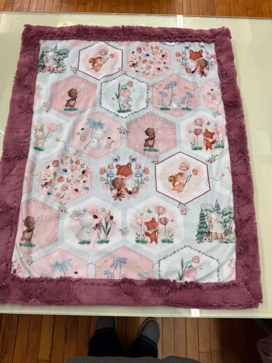Woodland Floral Baby Blanket - 21 x 26 Inch Handmade Minky Blanket with Mauve Faux Fur Backing