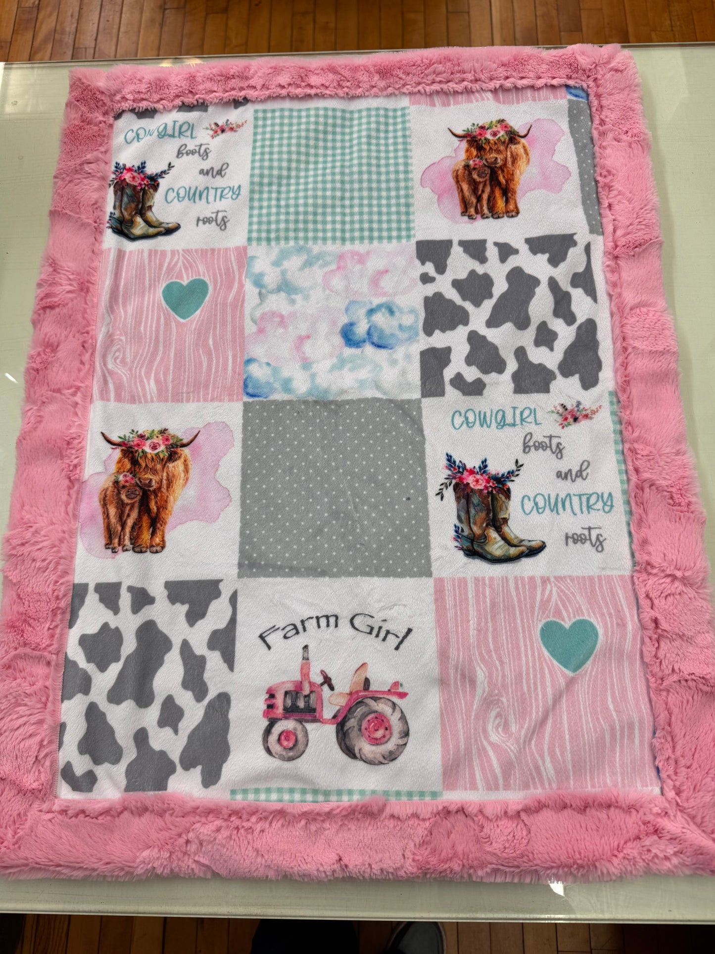 Farm Girl Baby Blanket - 21 x 28 Inch Handmade Minky Blanket with Pink Faux Fur Backing