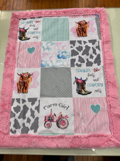 Farm Girl Baby Blanket - 21 x 28 Inch Handmade Minky Blanket with Pink Faux Fur Backing