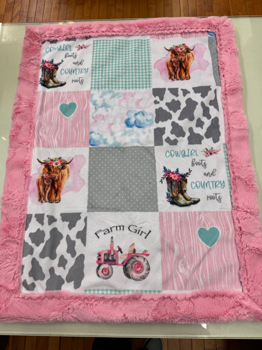Farm Girl Baby Blanket - 21 x 28 Inch Handmade Minky Blanket with Pink Faux Fur Backing