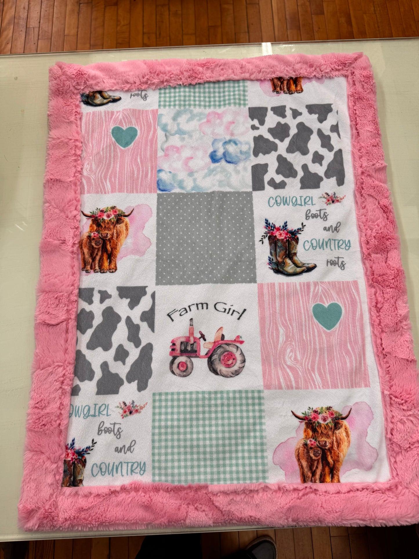 Farm Girl Baby Blanket - 21 x 28 Inch Handmade Minky Blanket with Pink Faux Fur Backing