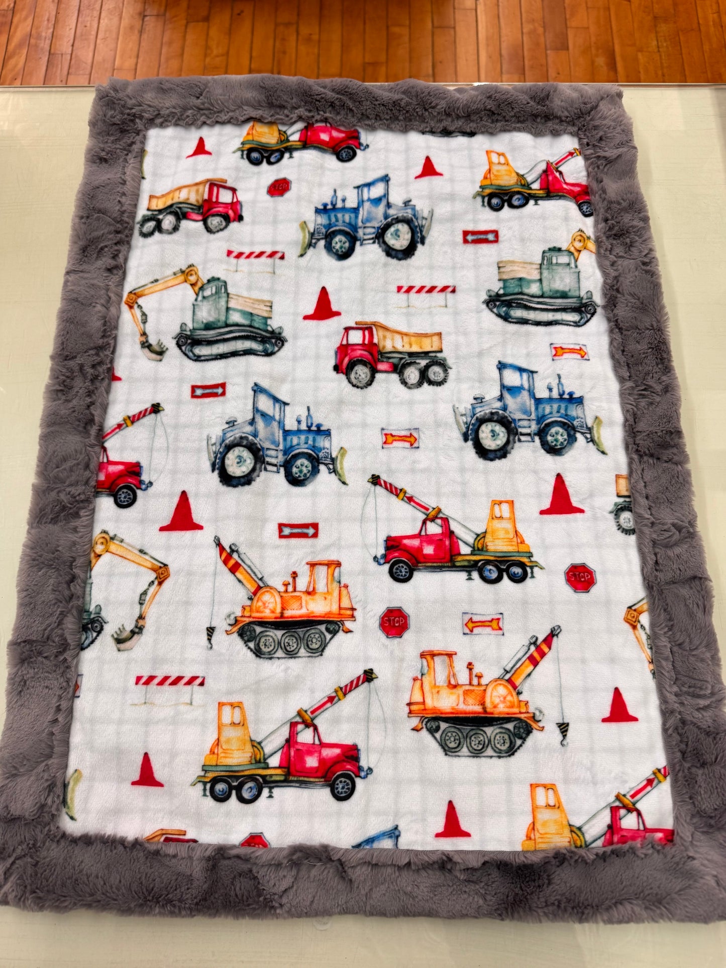 Construction Vehicle Baby Blanket - 21 x 28 Inch Handmade Minky Blanket with Gray Faux Fur Backing