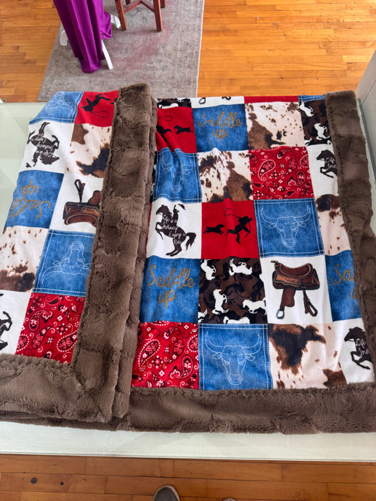 Western Saddle Up Faux Fur & Minky Blanket | Medium Brown Faux Fur | 40” x 56”