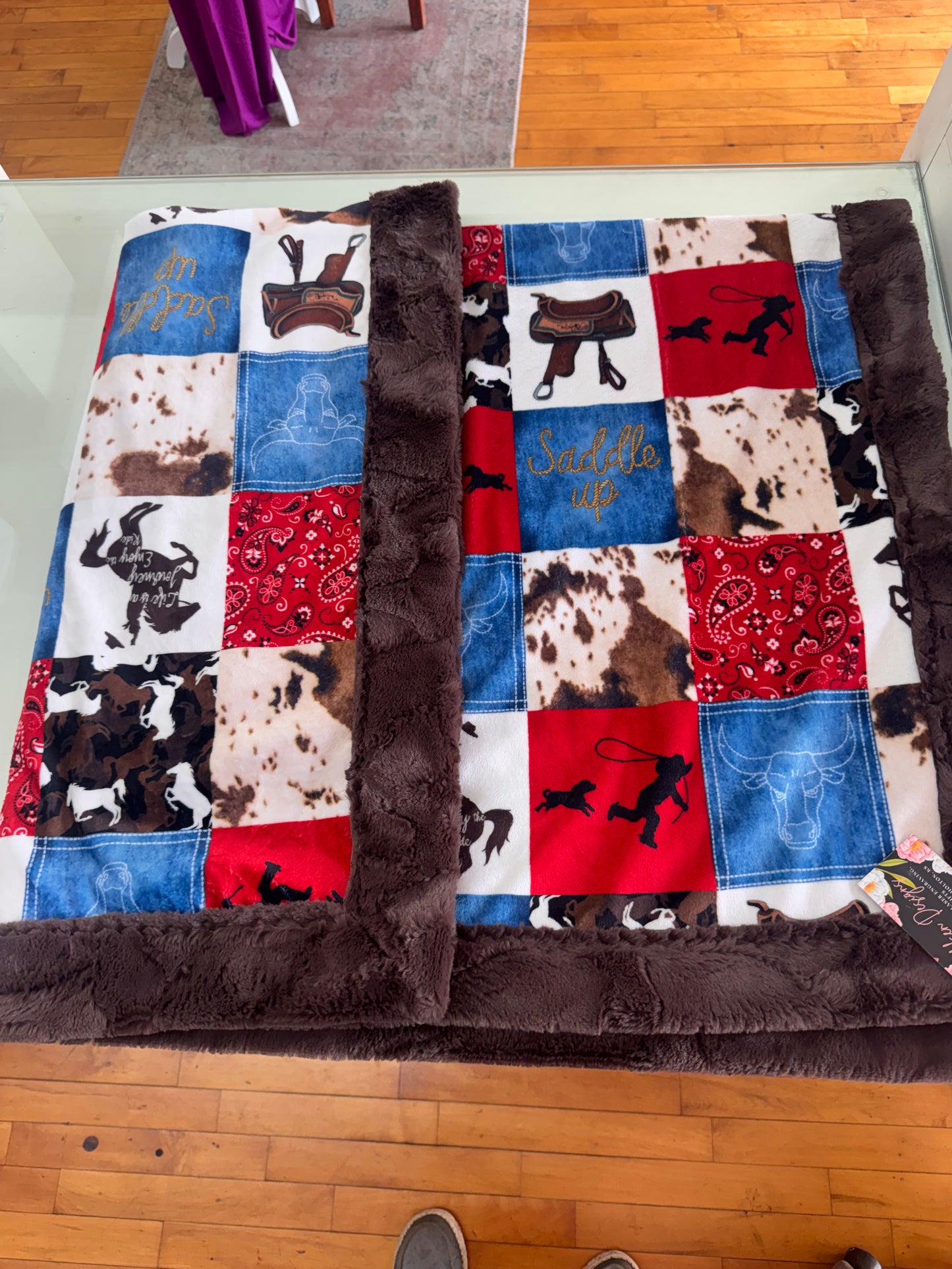 Western Saddle Up Faux Fur & Minky Blanket | 40” x 56” Dark Brown