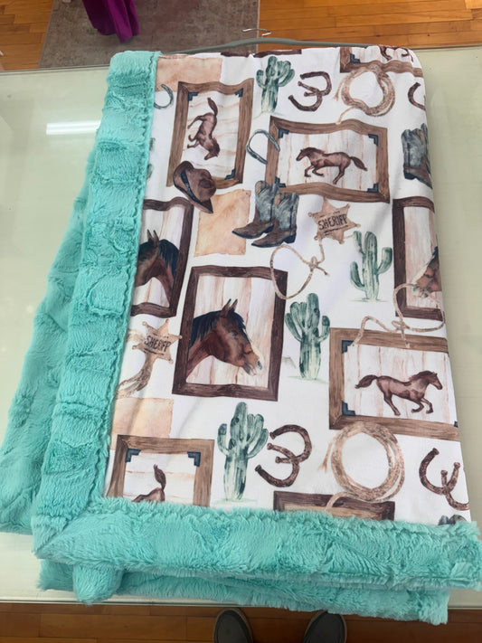 Western Horse Faux Fur & Minky Blanket | 40” x 56”