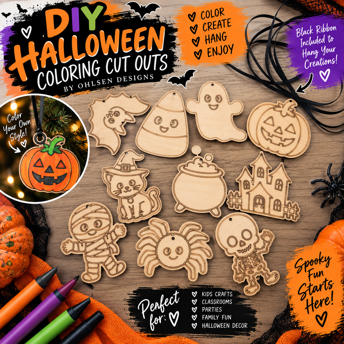 DIY Halloween Coloring Wood Cut Outs – Kids Halloween Craft & Hanging Decorations