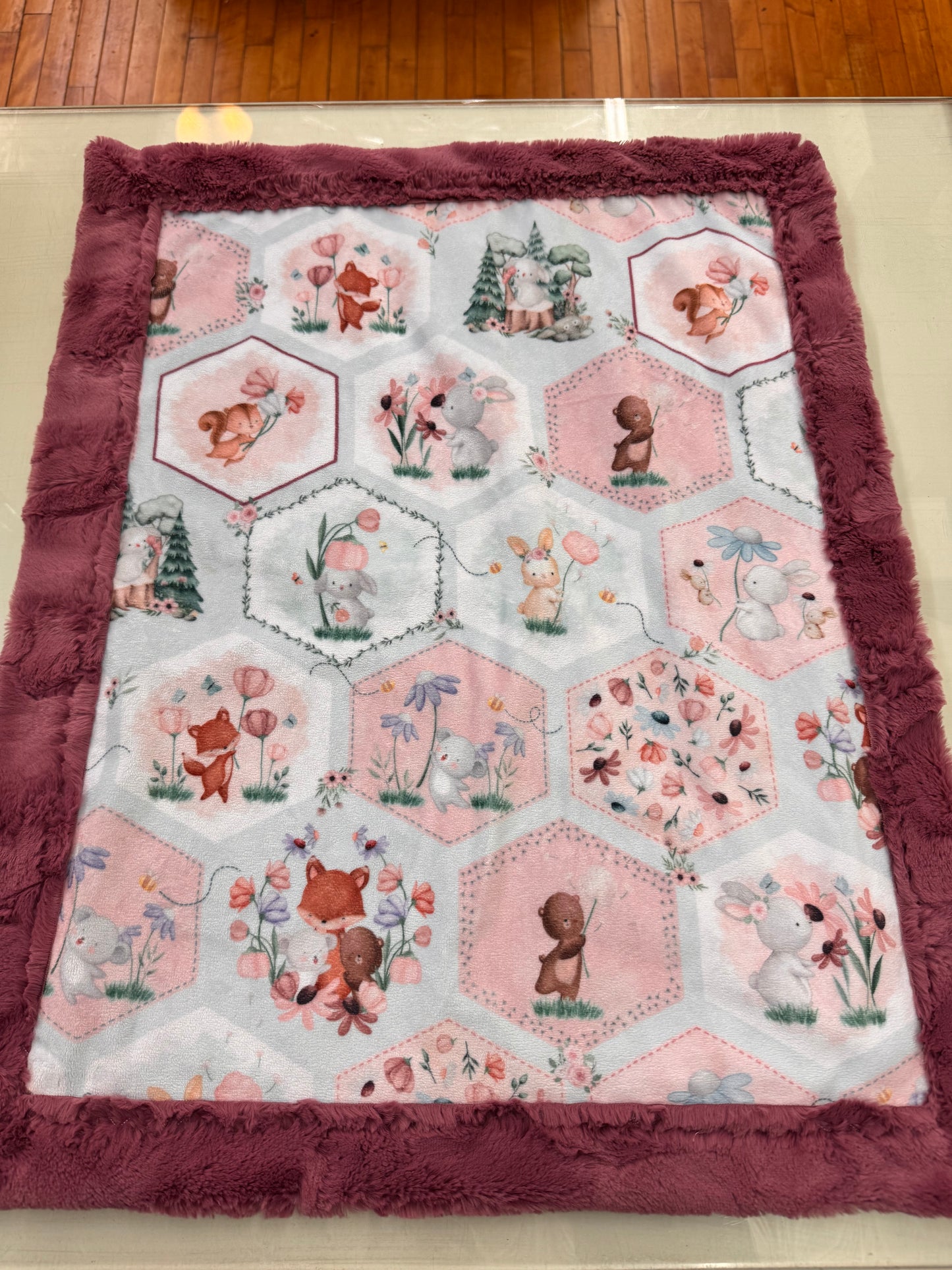 Woodland Floral Baby Blanket - 21 x 26 Inch Handmade Minky Blanket with Mauve Faux Fur Backing