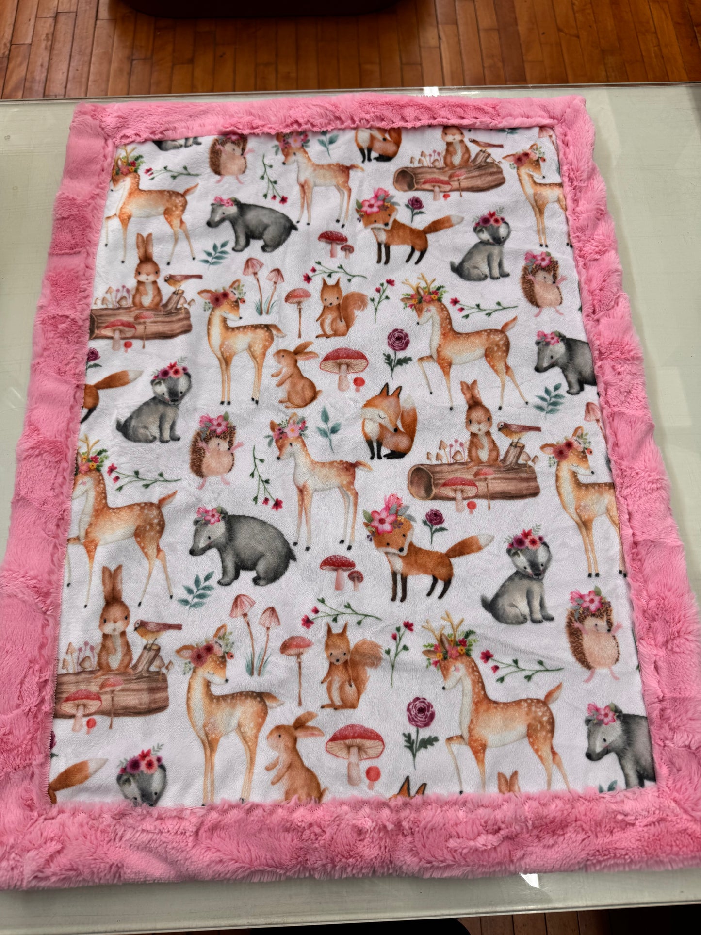 Pink Woodland Baby Blanket - 21 x 28 Inch Handmade Minky Blanket with Pink Faux Fur Backing