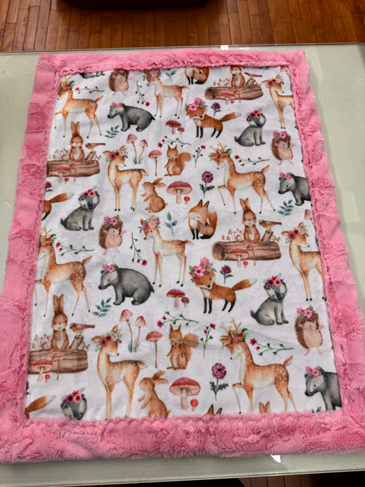 Pink Woodland Baby Blanket - 21 x 28 Inch Handmade Minky Blanket with Pink Faux Fur Backing