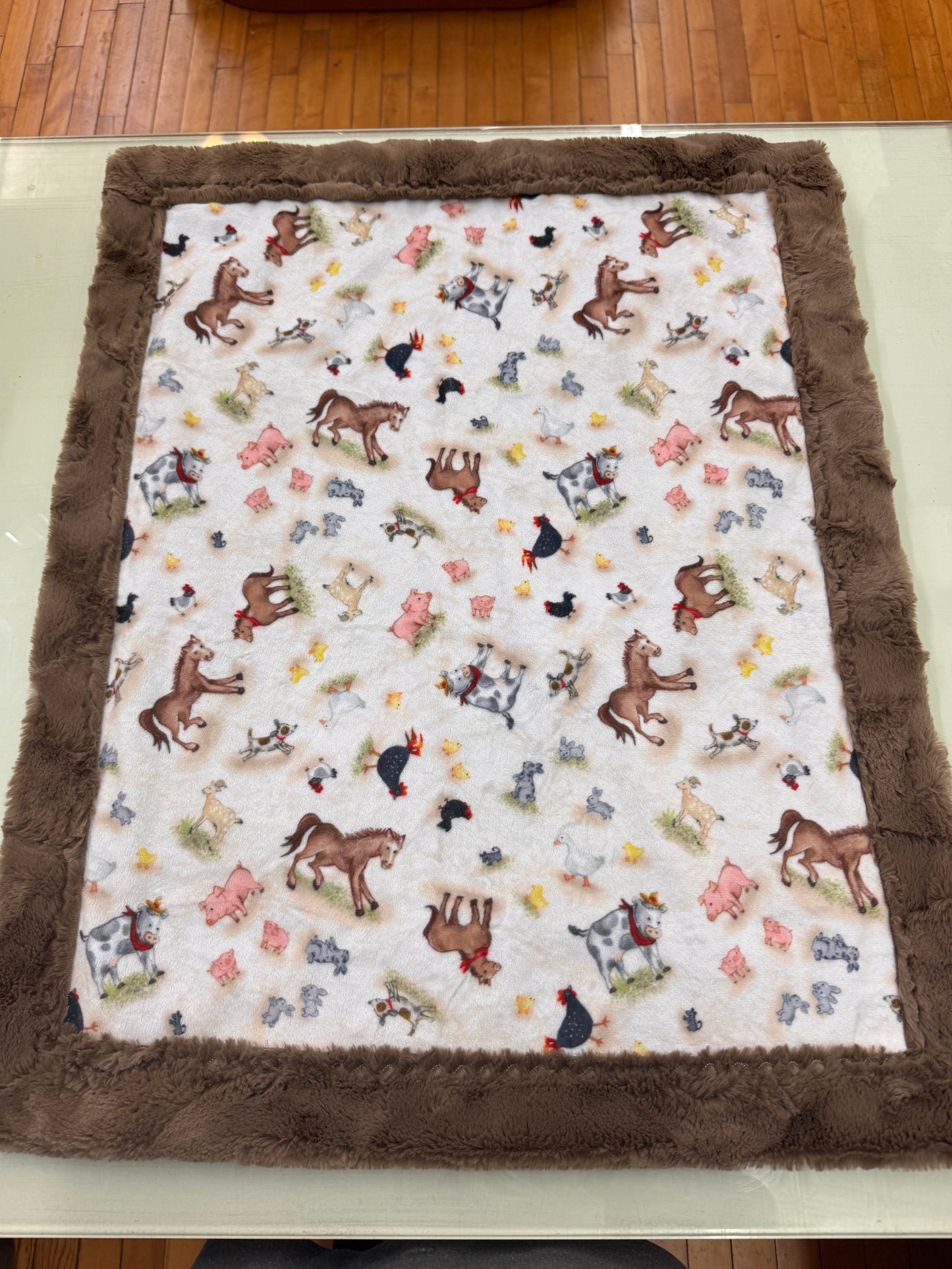 Farm Animal Baby Blanket - 22 x 27 Inch Handmade Minky Blanket with Brown Faux Fur Backing