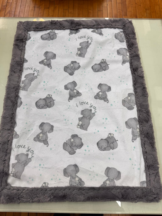 Elephant Baby Blanket - 19 x 27 Inch Handmade Minky Blanket with Gray Faux Fur Backing