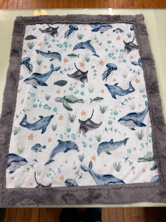 Ocean Animal Baby Blanket - 22 x 28 Inch Handmade Minky Blanket with Gray Faux Fur Backing