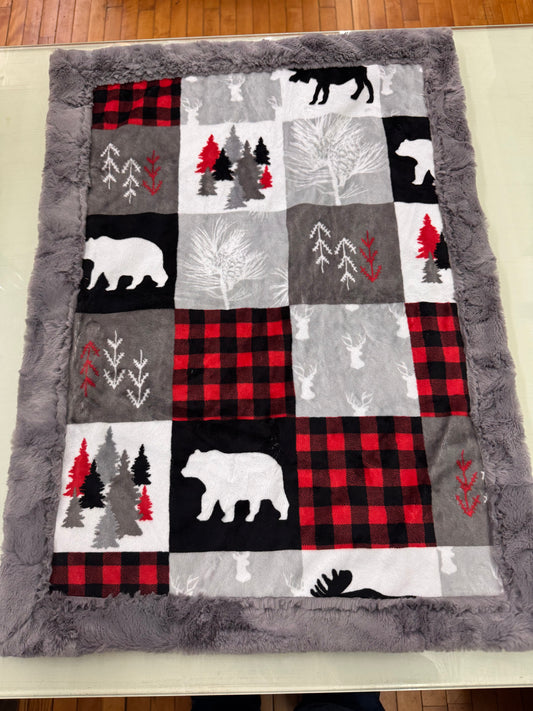 Lumberjack Woodland Baby Blanket - 20 x 27 Inch Handmade Minky Blanket with Gray Faux Fur Backing
