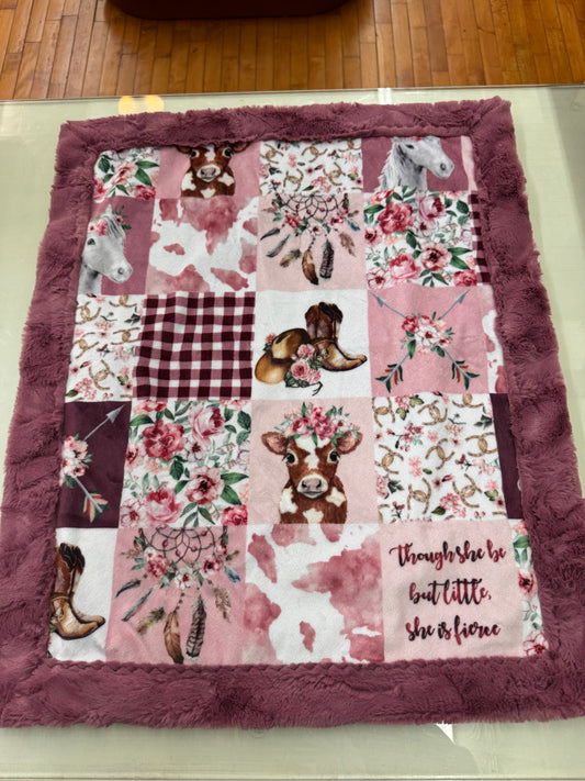 Cowgirl Floral Baby Blanket - 21 x 27 Inch Handmade Minky Blanket with Mauve Faux Fur Backing